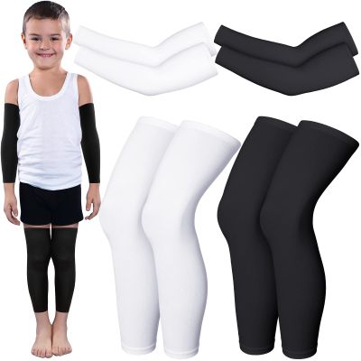 Charniol 4 Pairs Kids Arm Sleeves for Basketball Kids Long Compression Leg Sleeves and Arm Sleeves Youth Basketball Leg Sleeves(Black and White,Medium)