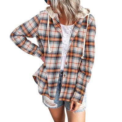 Womens Long Sleeve Plaid Hoodie Jacket Button Down Casual Boyfriend Blouse Shirts Tops Flannel Shirts with Pocket (Coffee, Large)