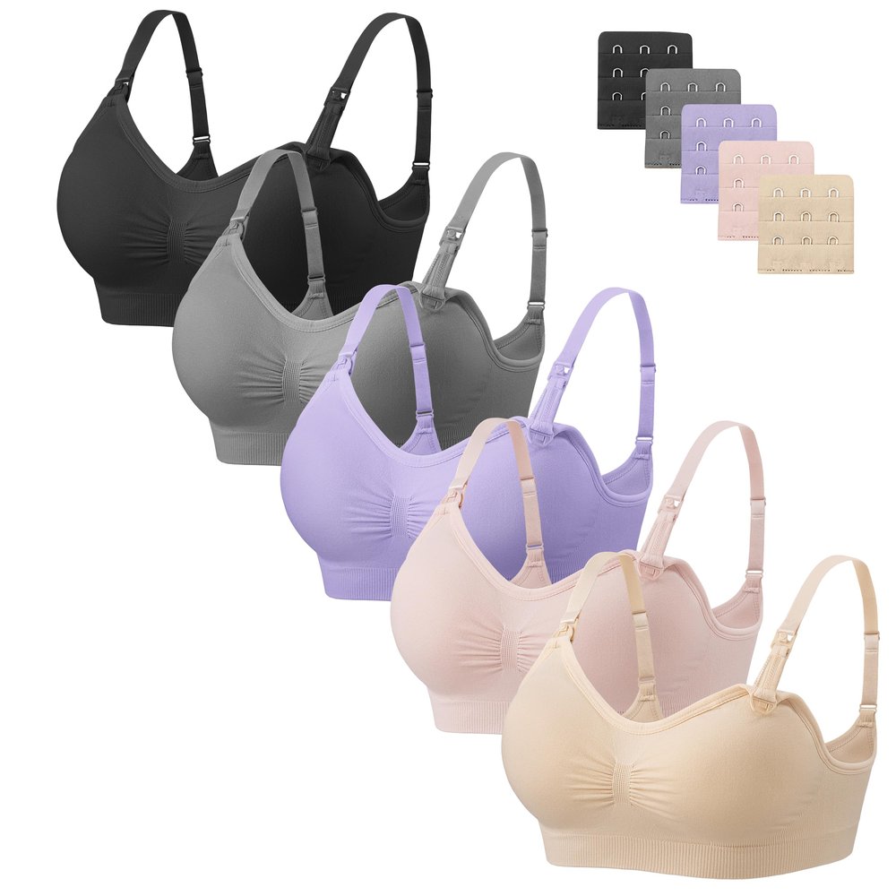 Angelhood 5 Pack Womens Maternity Breastfeeding Bra Seamless Wireless Sleep Bra with Bra Extenders