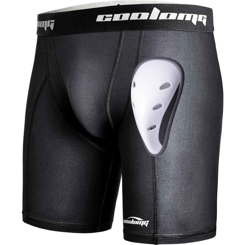 COOLOMG Men Compression Shorts with Protective Cup Baseball Football MMA Lacrosse Black L