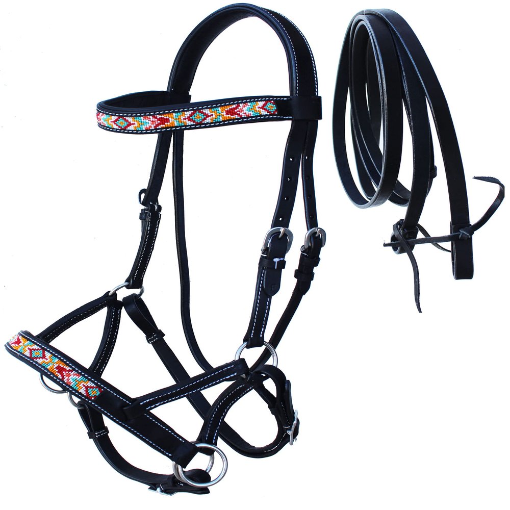 CHALLENGER Horse Western Black Leather Beaded Bitless Padded Sidepull Bridle Reins 77RS23BK