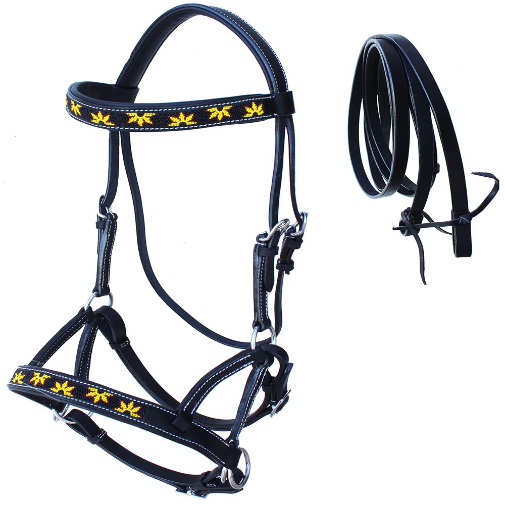 CHALLENGER Horse Western Black Leather Beaded Bitless Padded Sidepull Bridle Reins 77RS24BK