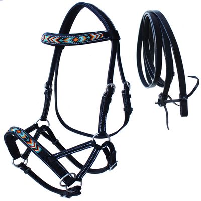CHALLENGER Horse Western Black Leather Beaded Bitless Padded Sidepull Bridle Reins 77RS22BK