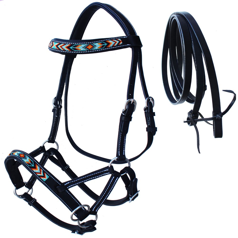CHALLENGER Horse Western Black Leather Beaded Bitless Padded Sidepull Bridle Reins 77RS22BK
