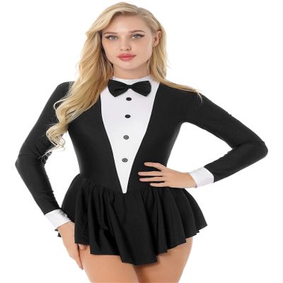 vastwit Women's Tuxedo Dance Dress Gymnastic Bodysuit Leotard Waitress Role Play Performance Dance Costume Black Small