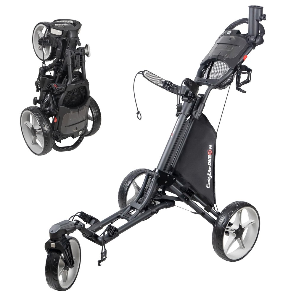 Caddytek CaddyLite One Swivel V8 Golf Push Cart - 3 Wheel Lightweight Folding Trolley with 360 Swivel Front Wheel, Cooler Basket, Umbrella and Drink Holder, Adjustable Handle