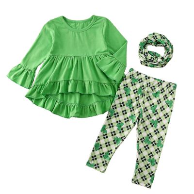 ACSUSS St Patricks Day Outfits Toddler Girls Long Sleeve Tunic Top Shamrock Pants Scarf 3PCS Set Green A 1-2 Years