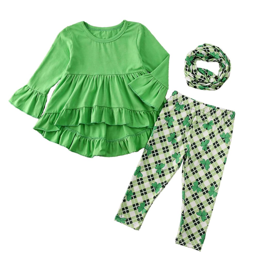 ACSUSS St Patricks Day Outfits Toddler Girls Long Sleeve Tunic Top Shamrock Pants Scarf 3PCS Set Green A 1-2 Years