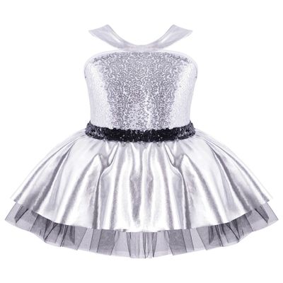VernLan Girls Sparkling Sequins Dance Dress Sleeveless Tutu Skirts Leotard Gymnastic Ballet Dancewear Costume Silver 4 Years
