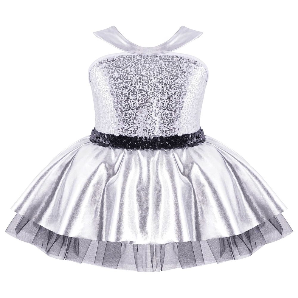 VernLan Girls Sparkling Sequins Dance Dress Sleeveless Tutu Skirts Leotard Gymnastic Ballet Dancewear Costume Silver 4 Years
