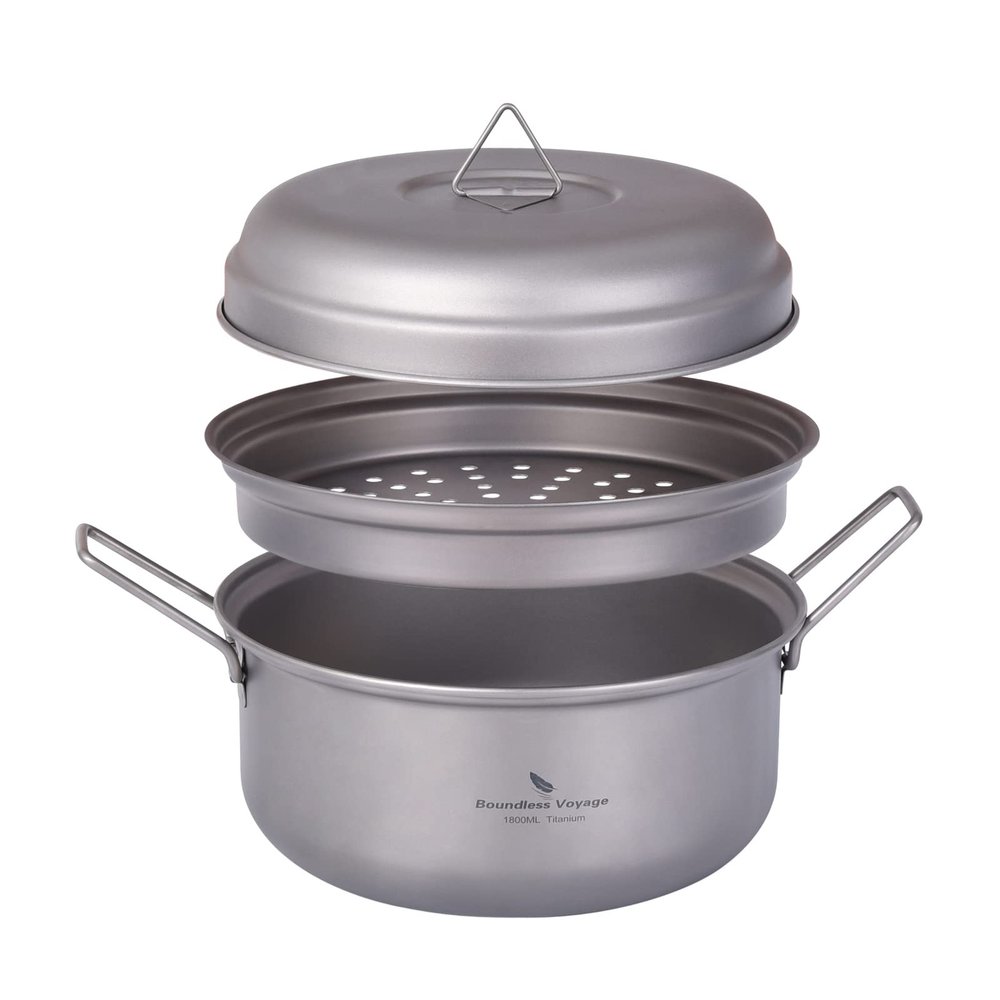 Boundless Voyage 1800ML Multifunctional Titanium Steamer Stockpot Set with Lid Outdoor Camping Backpacking Kitchen A-Ti2058C