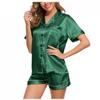 Qudang Pj Set For Women Shorts Button-Down Lapel Silk Satin Pajamas Short Sleeve Loungewear 2-Piece Loose Sleepwear Nightgown Green view 1