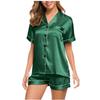 Qudang Pj Set For Women Shorts Button-Down Lapel Silk Satin Pajamas Short Sleeve Loungewear 2-Piece Loose Sleepwear Nightgown Green view 2