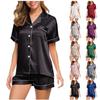 Qudang Pj Set For Women Shorts Button-Down Lapel Silk Satin Pajamas Short Sleeve Loungewear 2-Piece Loose Sleepwear Nightgown Green view 3