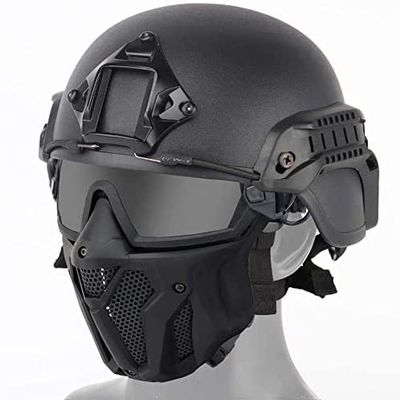 Tactical PJ Airsoft Helmet and Full Face Protection Mask Set,with Detachable Anti-Fog Goggles Fast Helmet for Paintball CS
