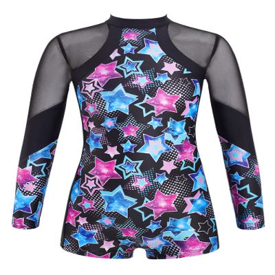 renvena Girls Mesh Ballet Dance Leotard Mock Neck Tie-dye Figure Skater Bodysuit Gymnastics Unitard Black 14