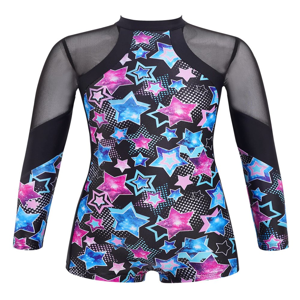 renvena Girls Mesh Ballet Dance Leotard Mock Neck Tie-dye Figure Skater Bodysuit Gymnastics Unitard Black 14