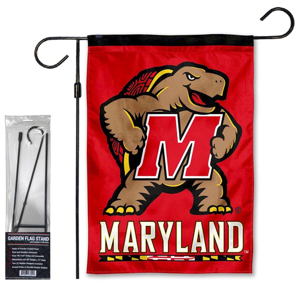 College Flags & Banners Co. Maryland Terps Two Logo Garden Flag and Flag Stand Holder Flagpole Set