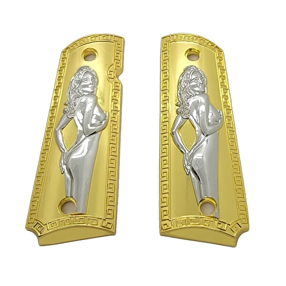 Custom 1911 Grips Full Size for Kimber, Colt, Rock Island, Springfield, Taurus, & Clones - 1911 Full Size Metal Gold Nickel Grips