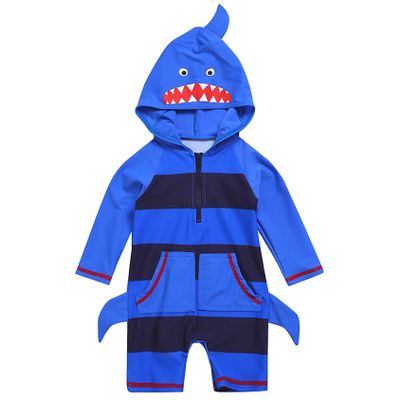Hedmy Kid Boys One Piece Rash Guard Shirt Swimsuit Shark Pattern Swimwear with Swim Hat Bathing Suit Blue 4-5 Years