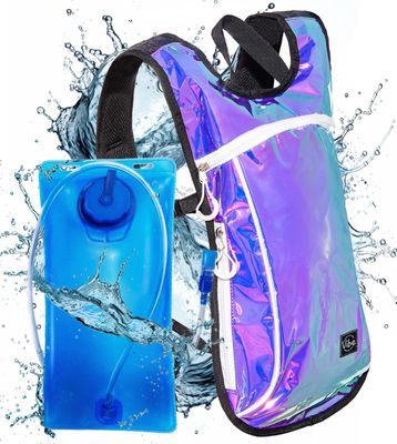 Vibe Hydration Backpack Pack from Recycled Polyester - 2L Bladder for Women Men Rave (Purple Holographic Iridescent)
