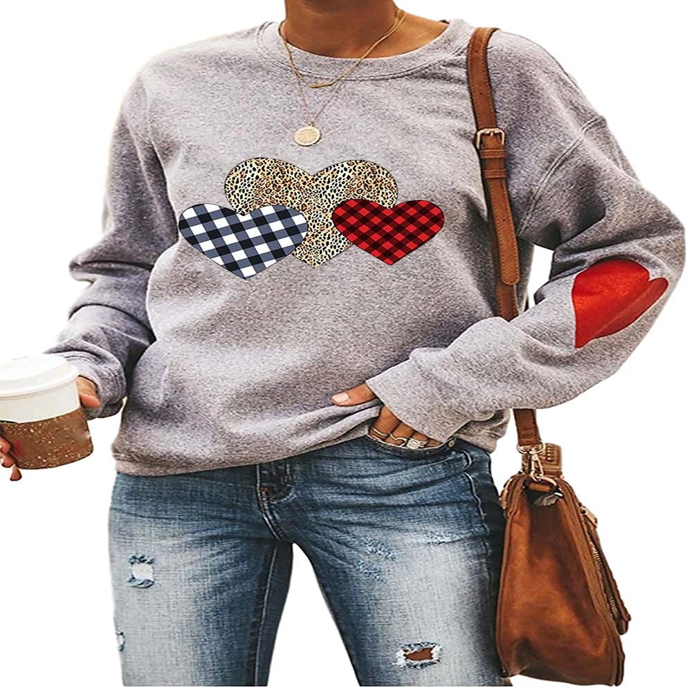 Ykomow Valentines Day Shirts Women Plaid Love Heart Valentines Day Sweatshirts Raglan Tops (M, Grey-2)