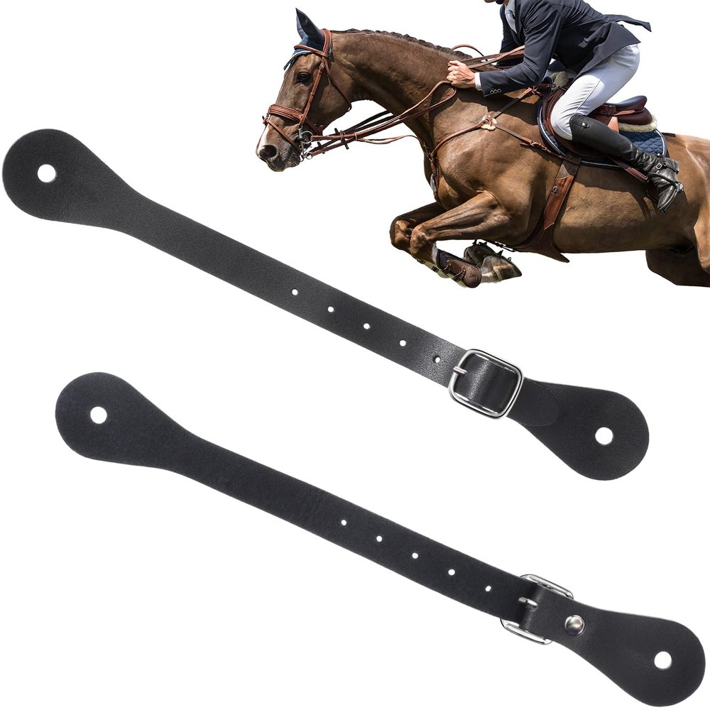 Saintrygo 2 Pcs Leather Spur Straps for Men Women Cowboy Thigh High Boot Single Ply Spurs with Adjustable Straps, 6 Holes, for Halloween Western Cowboy Costume Accessories Horse Riding(Black)