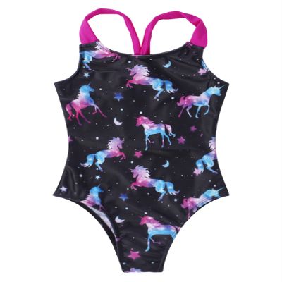 Moggemol Kids Girls One Piece Swimsuit Cute Cartoon Print Sleeveless Criss Cross Back Swimwear Bathing Suit Dark Black 12 Years