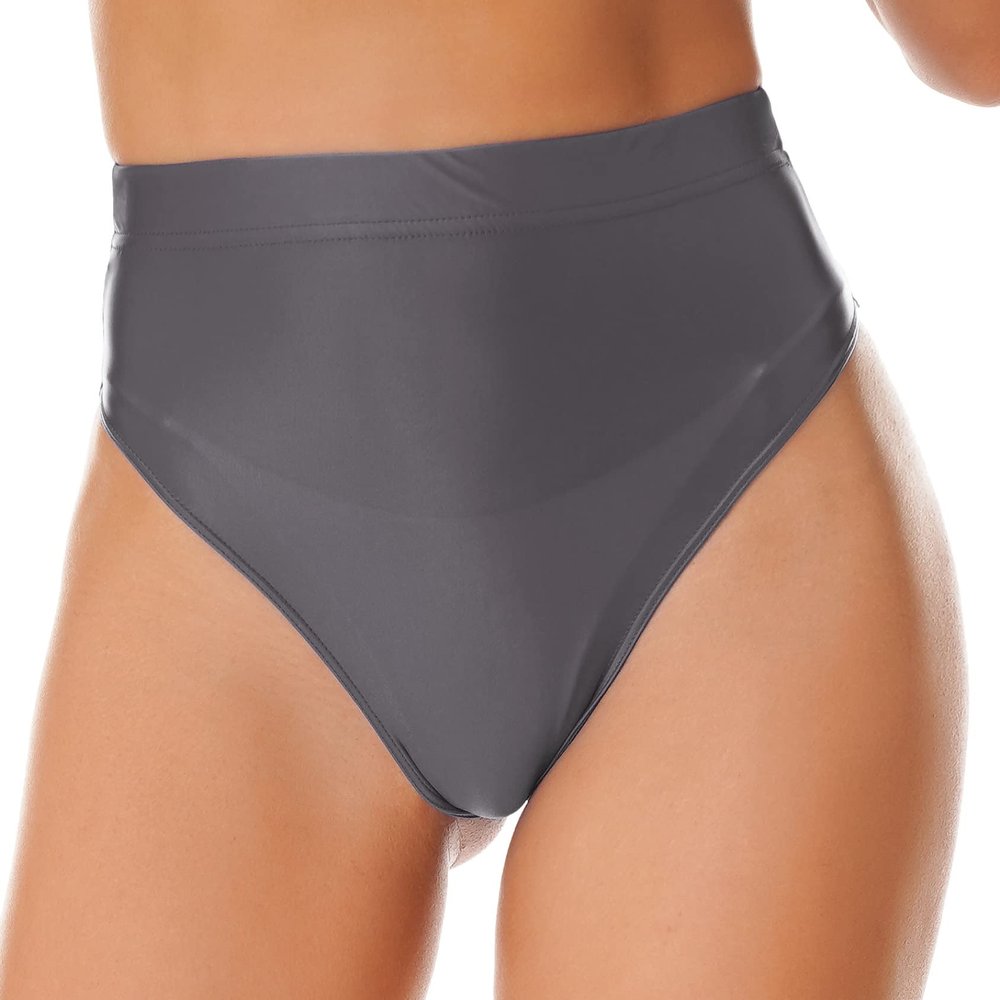 Hedmy Women's Spandex Metallic Booty Shorts Shiny Swimsuit Bottoms High Cut Dance Briefs Underwear Gray Medium