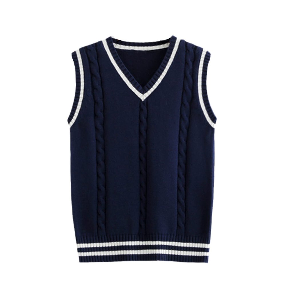 HOURVNEI Sweater Vest Men Patchwork V-Neck Oversize Mens Vests Chic Daily Streetwear Leisure Retro Knitted Navy Blue