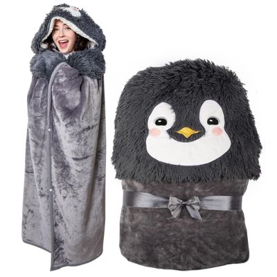 Penguin Wearable Hooded Blanket - Warm & Cozy Oversized Blanket Hoodie with Hand Gloves- Soft Plush Premium Sherpa and Flannel Fleece Hoodie Blanket - Penguin Gifts for Women Adults and Kids
