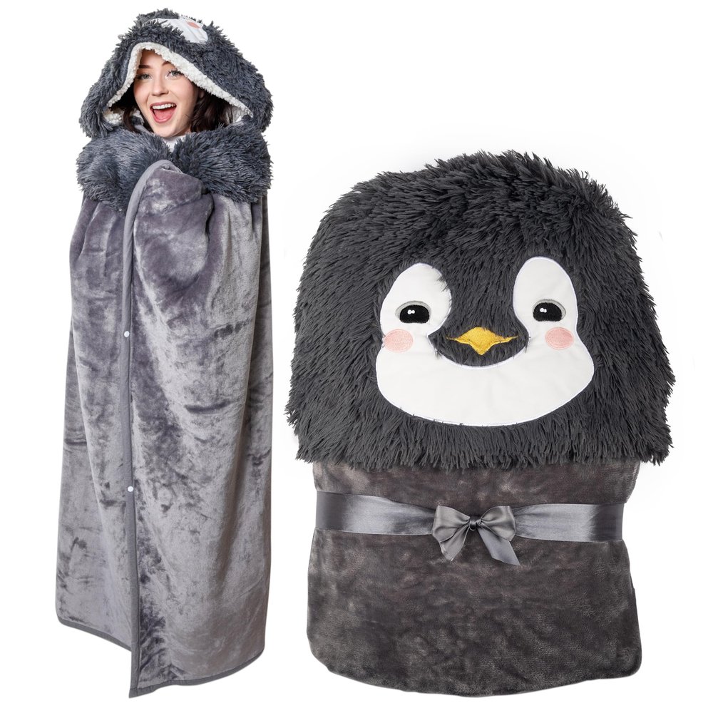Penguin Wearable Hooded Blanket - Warm & Cozy Oversized Blanket Hoodie with Hand Gloves- Soft Plush Premium Sherpa and Flannel Fleece Hoodie Blanket - Penguin Gifts for Women Adults and Kids
