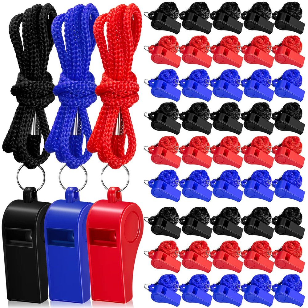 Flutesan 48 Pcs 24/48 Pack Plastic Whistles with Lanyard Sports Whistle Loud Crisp Sound Whistles Bulk for Coach Referees Training Emergency (Red,Blue,Black)