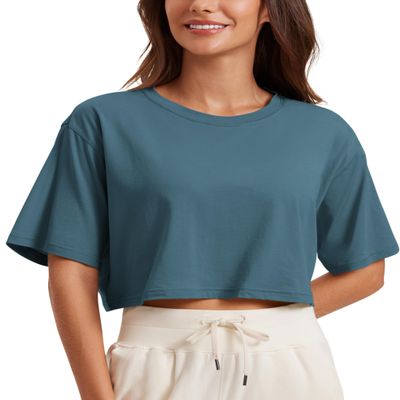 CRZ YOGA Pima Cotton Loose Crop T-Shirts for Women - Workout Yoga Casual Athletic Running Short Sleeve Shirts Crewneck Tops Slate Blue Large