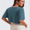 CRZ YOGA Pima Cotton Loose Crop T-Shirts for Women - Workout Yoga Casual Athletic Running Short Sleeve Shirts Crewneck Tops Slate Blue Large view 2