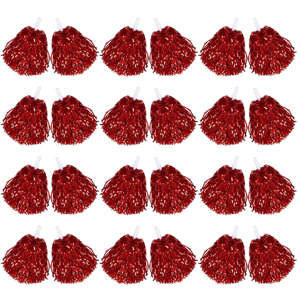 Chivao 24 Pcs Cheerleading Pom Poms, Metallic Foil Handle Cheer Squad Team Spirited Fun for Party, Sports Dance Cheer, 30 Grams Weight Each(Red)