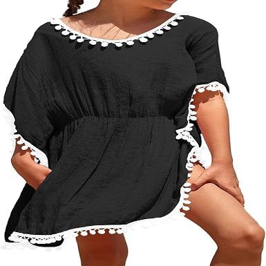 Eurivicy Girl's Swim Cover Up Kids Summer Swimwear Beach Dress Swimsuit Wraps with Pom Pom Trim