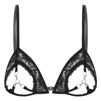 Alvivi Women's Floral Lace Lingerie Wire-Free Unlined Open Nipples Bra Top with Metal Rings Black 4X-Large