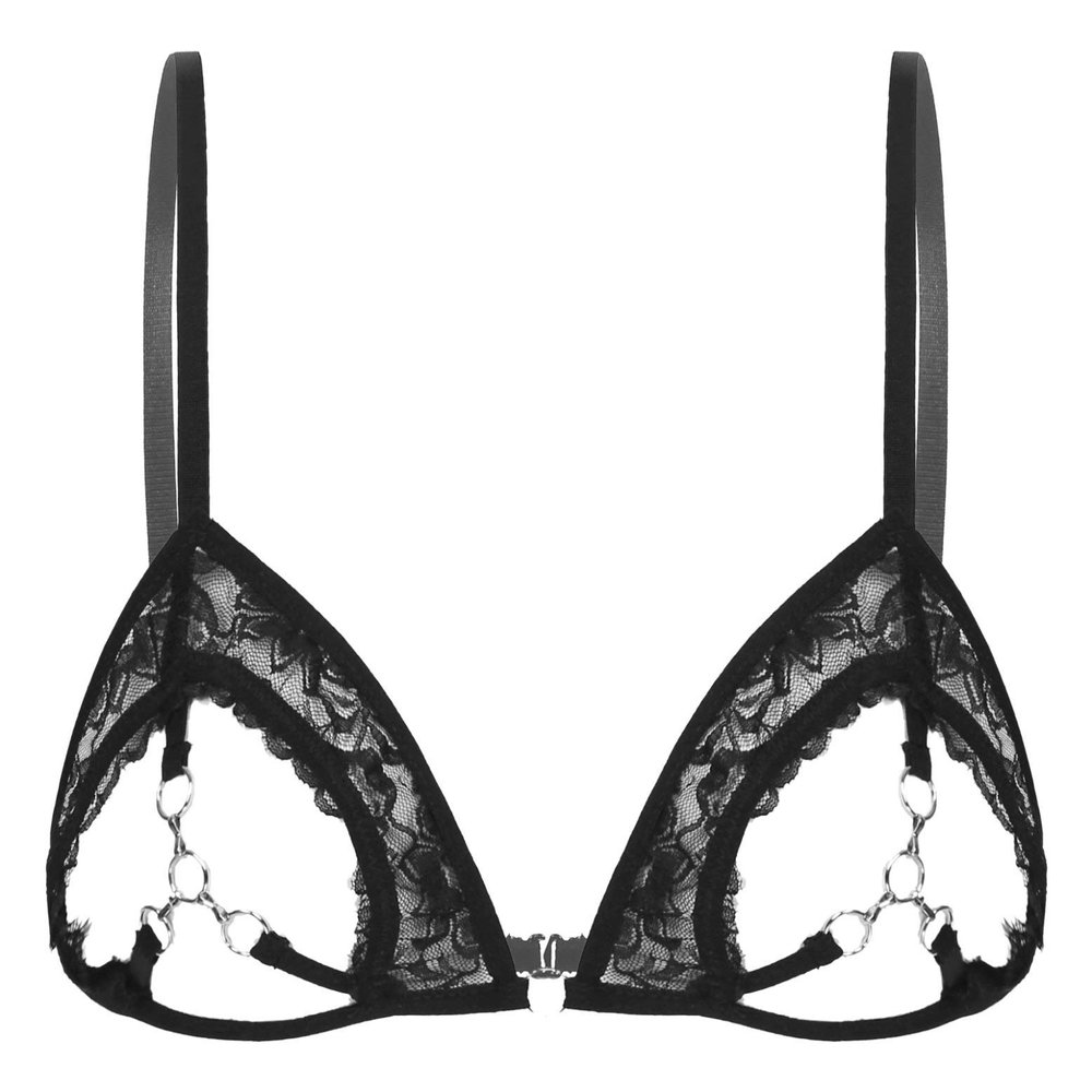 Alvivi Women's Floral Lace Lingerie Wire-Free Unlined Open Nipples Bra Top with Metal Rings Black 4X-Large