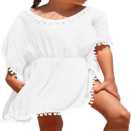 Eurivicy Girl's Swim Cover Up Kids Summer Swimwear Beach Dress Swimsuit Wraps with Pom Pom Trim