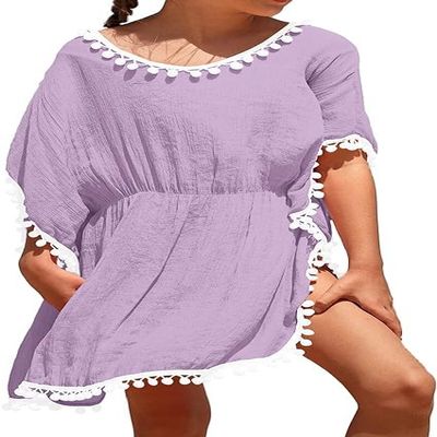 Eurivicy Girl's Swim Cover Up Kids Summer Swimwear Beach Dress Swimsuit Wraps with Pom Pom Trim