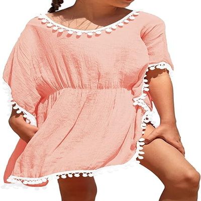 Eurivicy Girl's Swim Cover Up Kids Summer Swimwear Beach Dress Swimsuit Wraps with Pom Pom Trim