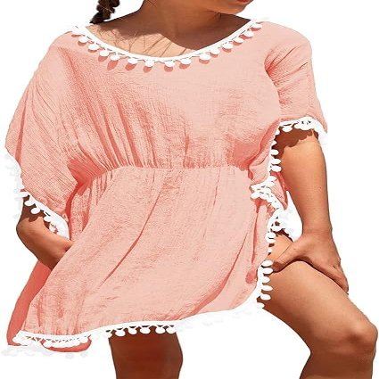 Eurivicy Girl's Swim Cover Up Kids Summer Swimwear Beach Dress Swimsuit Wraps with Pom Pom Trim