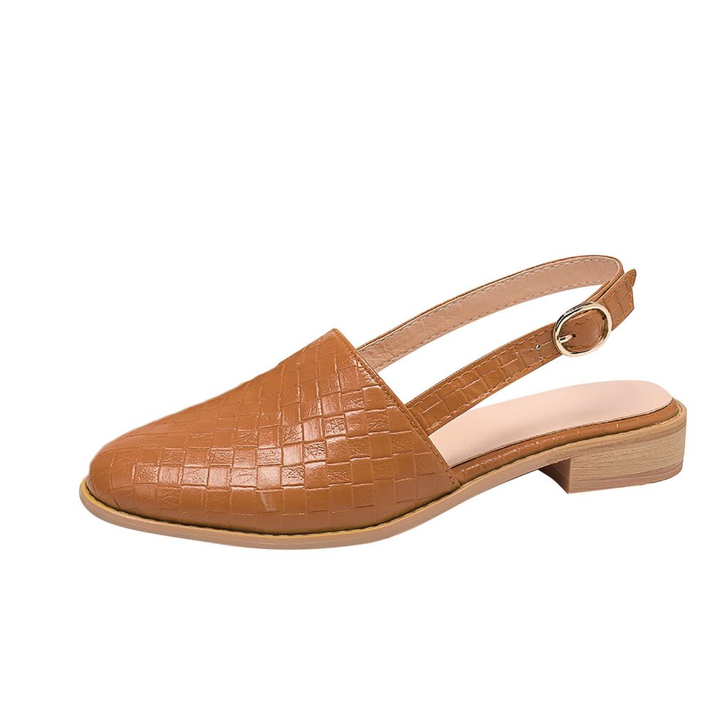 Pointed Toe Sandal for Women Fashion Weave Strap Buckle Baotou Closed Toe Low Heel Sandalias Solid Color Comfortable Casual Stacked Heel Shoes Khaki