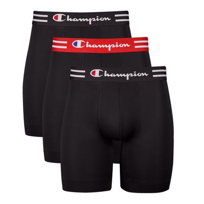 Champion Mens Briefs, Performance Stretch, Moisture Wicking, Multi-pack Boxer, Long Leg - Black - 3 Pack, Medium US