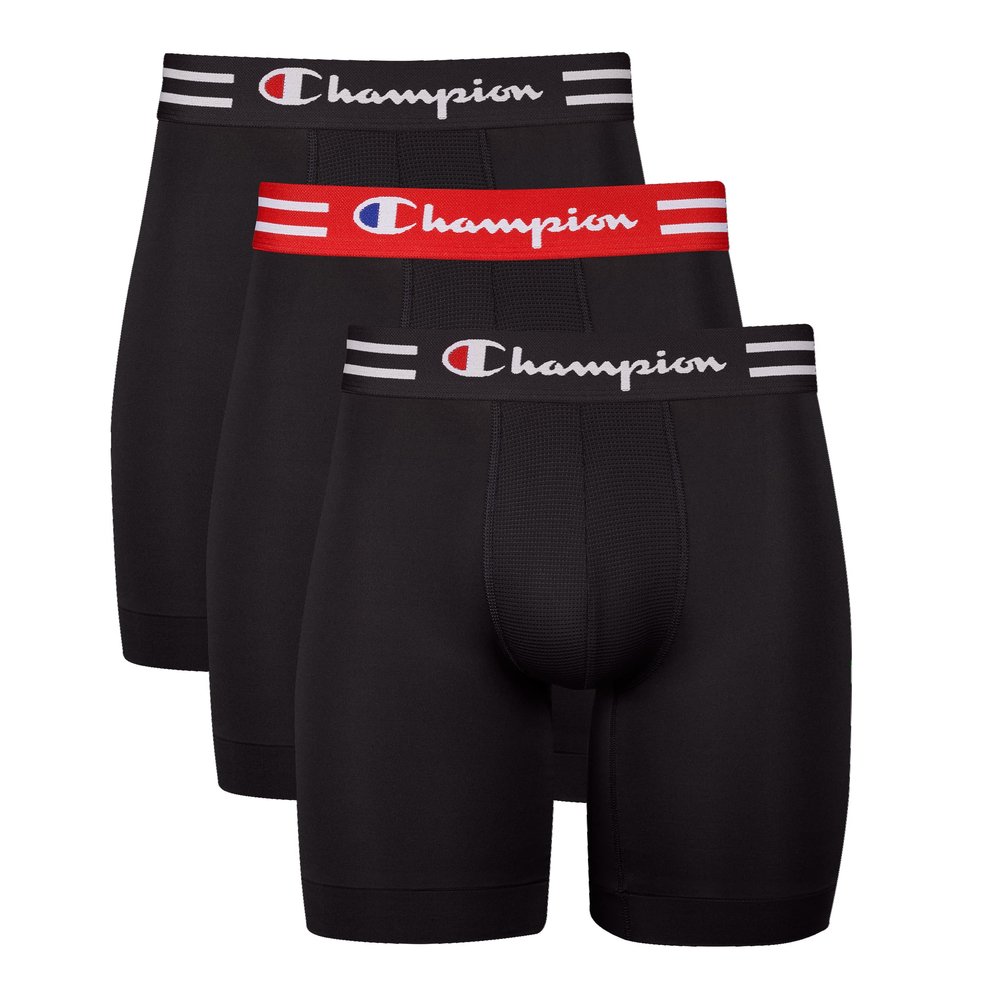 Champion Mens Briefs, Performance Stretch, Moisture Wicking, Multi-pack Boxer, Long Leg - Black - 3 Pack, Medium US