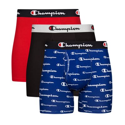 Champion Mens Boxer Briefs, Cotton Stretch Underwear with Mesh Pouch, Moisture-Wicking, No Ride-Up Fit, Logo Waistband, Multi-Pack, Blue White Script Logo/Black/Red-3 Pack, Small