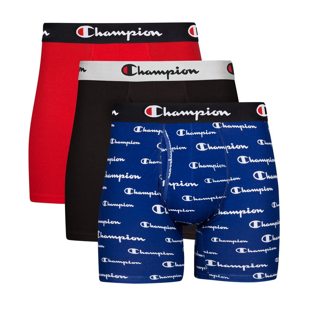 Champion Mens Boxer Briefs, Cotton Stretch Underwear with Mesh Pouch, Moisture-Wicking, No Ride-Up Fit, Logo Waistband, Multi-Pack, Blue White Script Logo/Black/Red-3 Pack, Small
