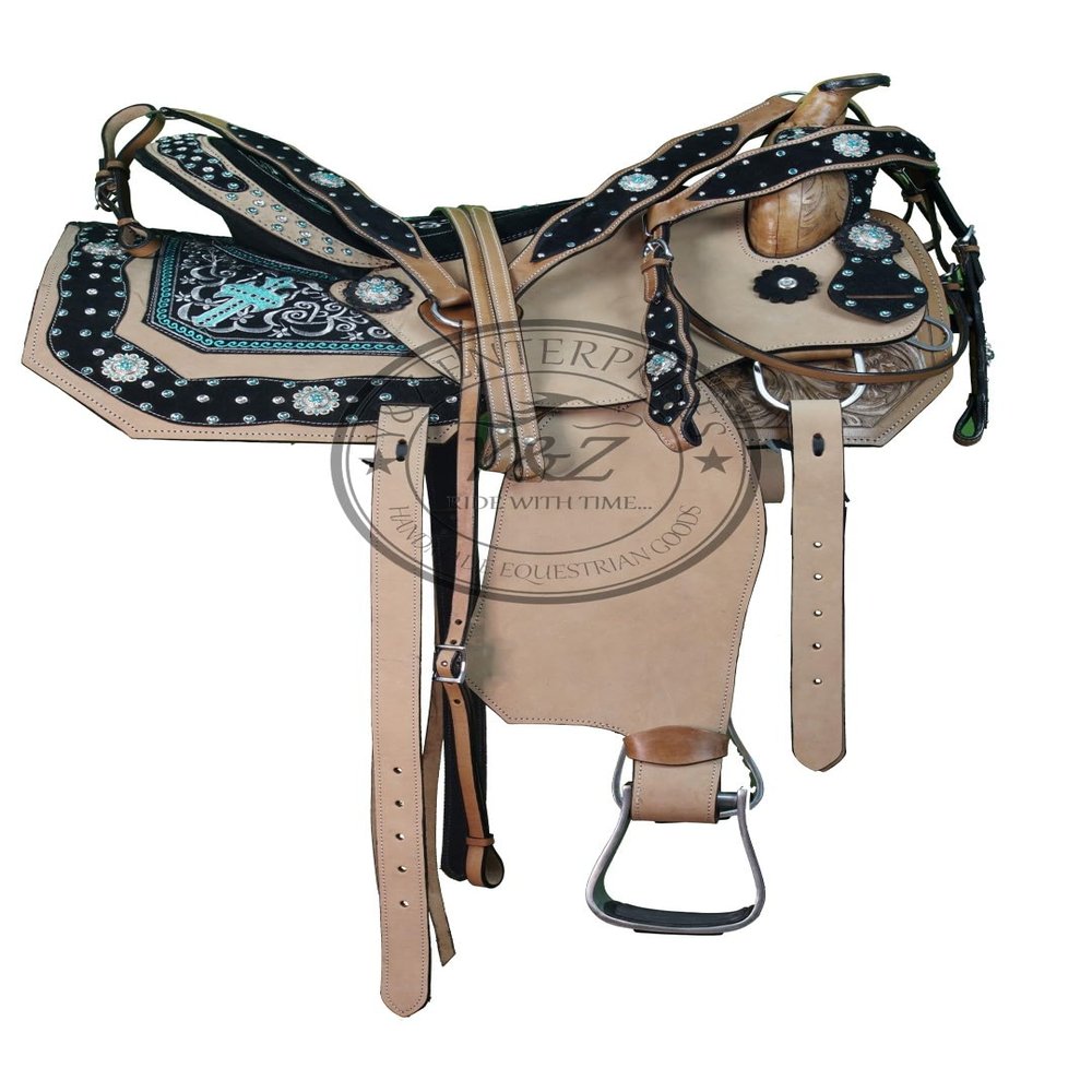 Y&Z- Ride With Time Premium Leather Western Barrel Racing Trail Equestrian Pony & Adult Horse Saddle, Size 10 to 18 inches Seat Available (12" Inches, Blue)