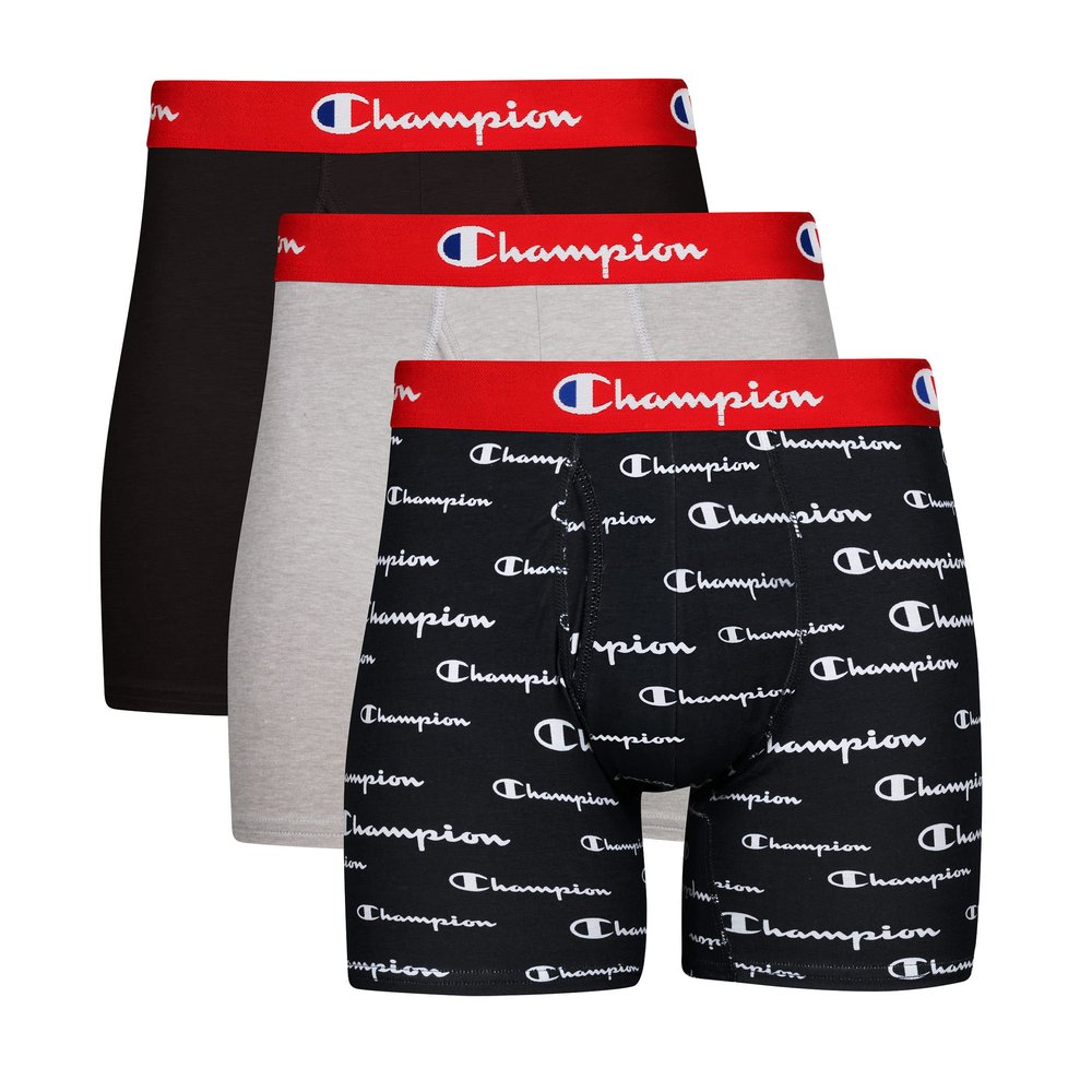 Champion Men's Cotton Stretch Boxer Brief, Black/Oxford Grey Heather/Black Script Logo, 2XL